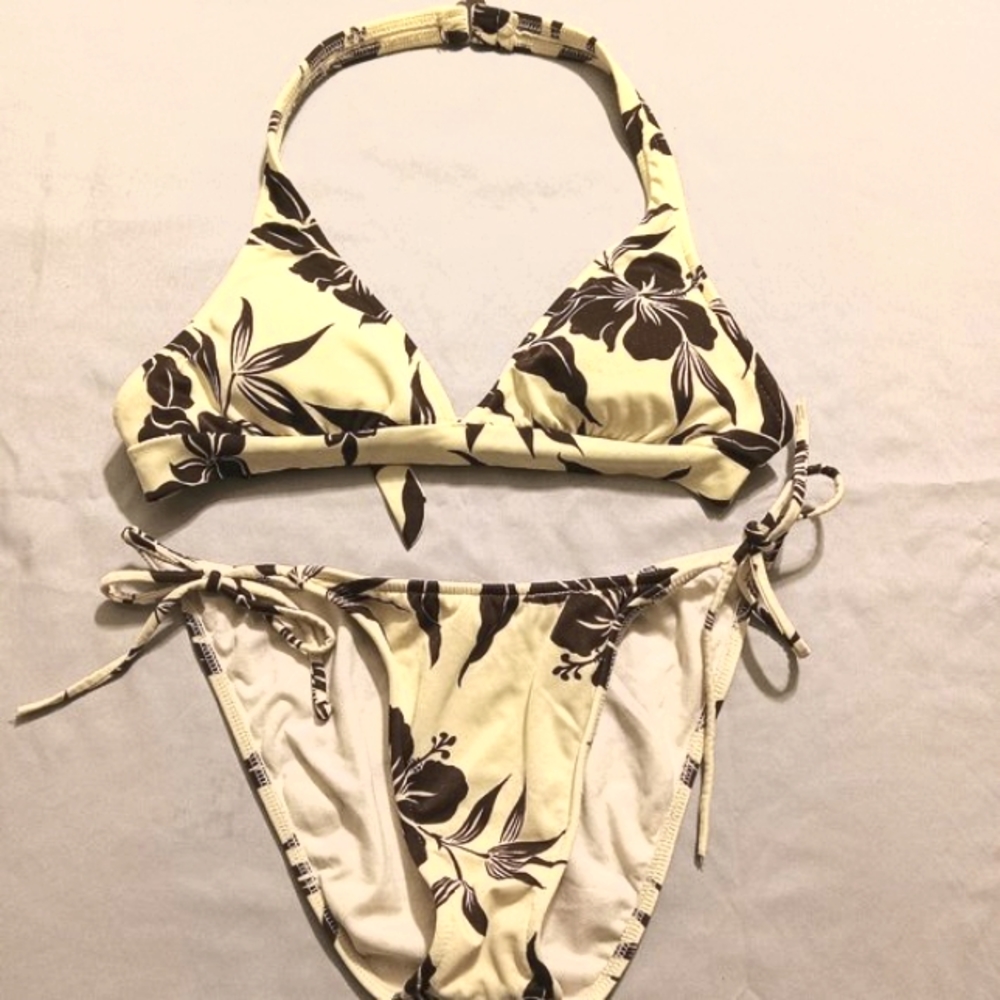Roxy Beige & Brown Hawaiian Island Floral Classics 2 Pc. Bikini Swimsuit Wms Lg
